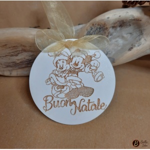 Ciondolo in gesso con inciso "Buon Natale" e disegno di Minnie e Topolino versione oro caldo glitter