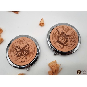 Due specchietti da borsetta con inserto in legno farfalla e gufo