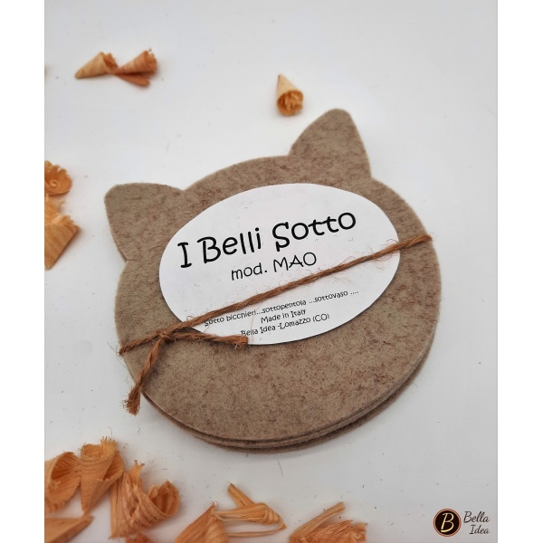 Sottobicchieri in feltro  a forma di gatto beige confezionati in set da 6 pezzi