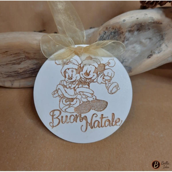 Ciondolo in gesso con inciso "Buon Natale" e disegno di Minnie e Topolino versione oro caldo glitter