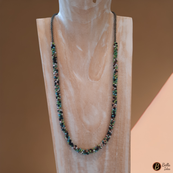 Collana Kumihimo in perline di vetro sfaccettato mix azzurro e verde mignon.