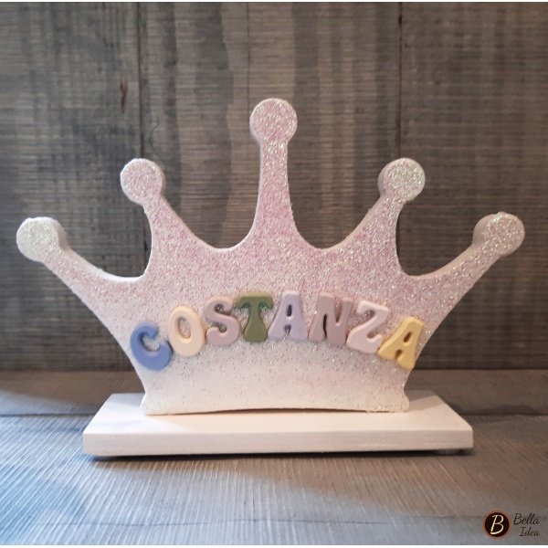 Coroncina glitter bianco da appoggio personalizzata con nome  in diversi colori.