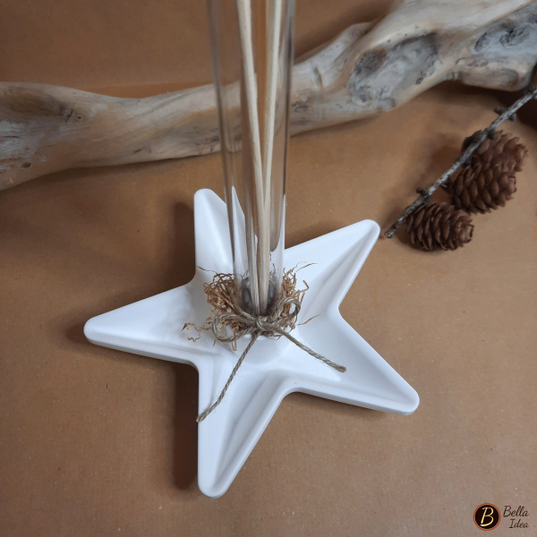 Dettaglio di profumatore in gesso bianco a forma di stella con provetta in vetro e bastoncini diffusori