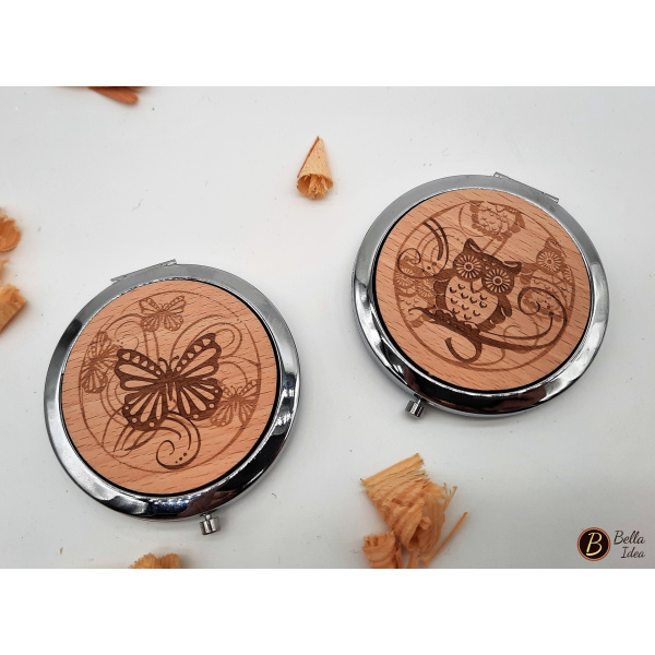 Due specchietti da borsetta con inserto in legno farfalla e gufo