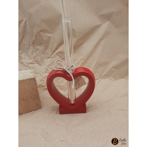 Profumatore in gesso rosso a forma di cuore con provetta in vetro e bastoncini per diffusore
