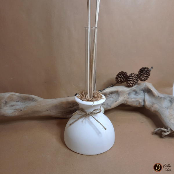 Profumatore in gesso bianco a forma di provetta con provetta in vetro e bastoncini per diffusore