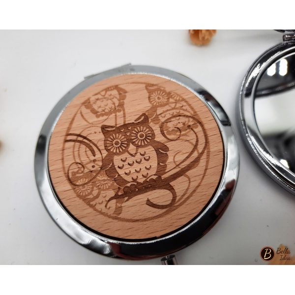 Specchietto da borsetta con inserto in legno gufo chiuso