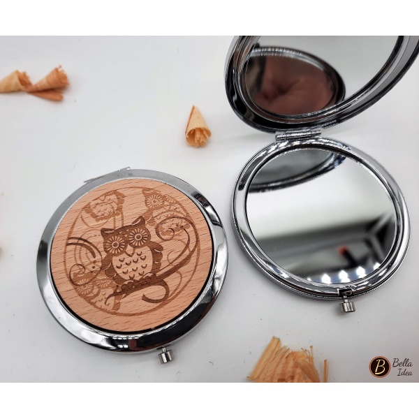 Specchietto da borsetta con inserto in legno gufo aperto