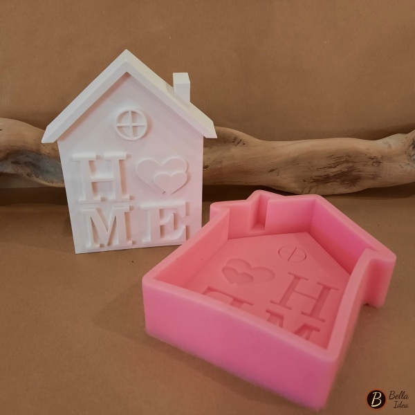 Stampo  in silicone casetta d'appoggio con scritta Home e gesso di esempio